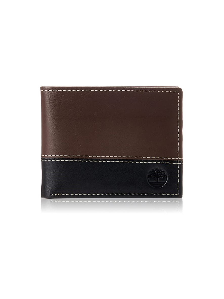 Timberland Men's Leather Passcase Trifold Wallet Hybrid Black Brown