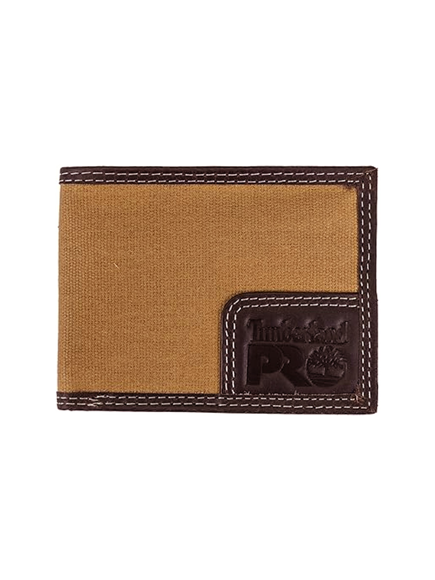 Timberland Pro Men's Genuine Leather and Canvas RFID Wallet With Back ID Window Khaki