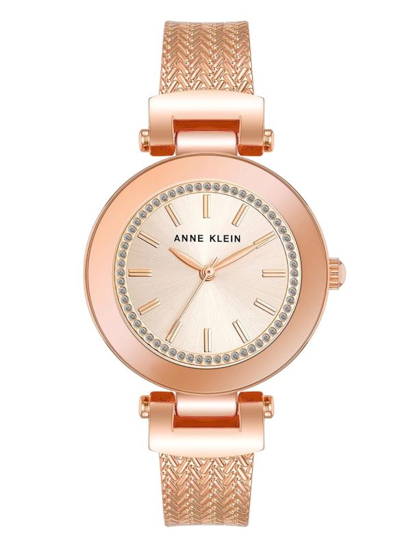 Anne Klein Women's Glitter Accented Dial Textured Bangle Watch Rose Gold