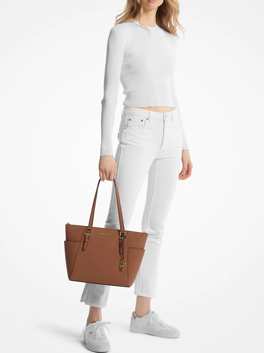 Michael Kors Charlotte Large Saffiano Leather Top-Zip Tote Bag Luggage