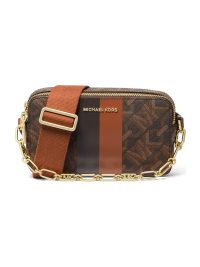 Michael Kors Jet Set Small Empire Signature Logo Stripe Double-Zip Camera Bag Brown Luggage