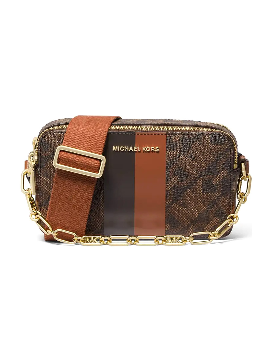 Michael Kors Jet Set Small Empire Signature Logo Stripe Double-Zip Camera Bag Brown Luggage