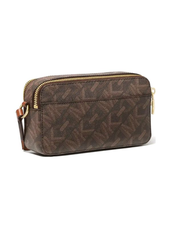 Michael Kors Jet Set Small Empire Signature Logo Stripe Double-Zip Camera Bag Brown Luggage