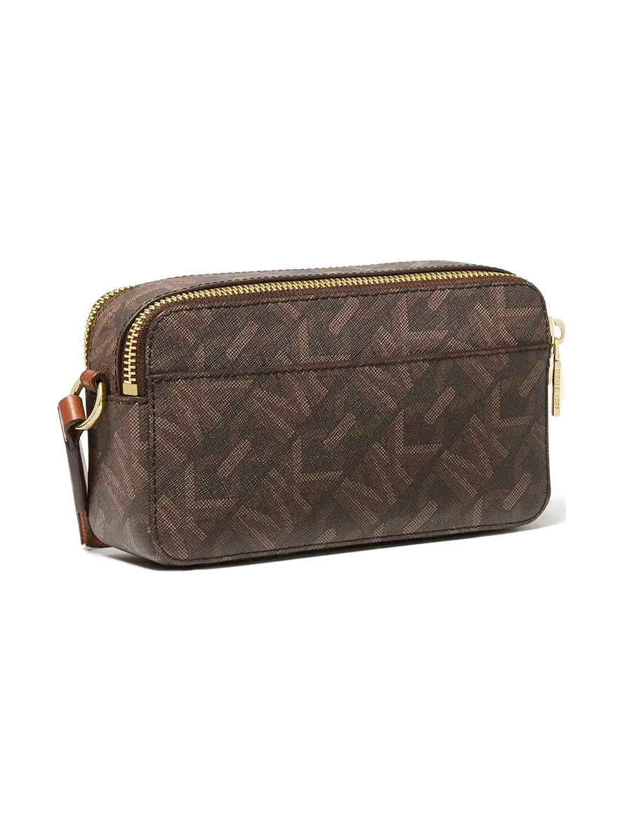 Michael Kors Jet Set Small Empire Signature Logo Stripe Double-Zip Camera Bag Brown Luggage