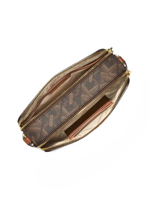 Michael Kors Jet Set Small Empire Signature Logo Stripe Double-Zip Camera Bag Brown Luggage