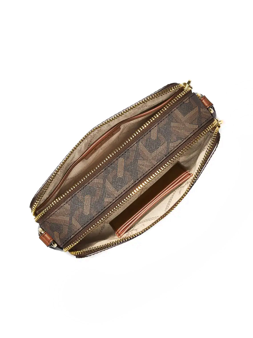 Michael Kors Jet Set Small Empire Signature Logo Stripe Double-Zip Camera Bag Brown Luggage