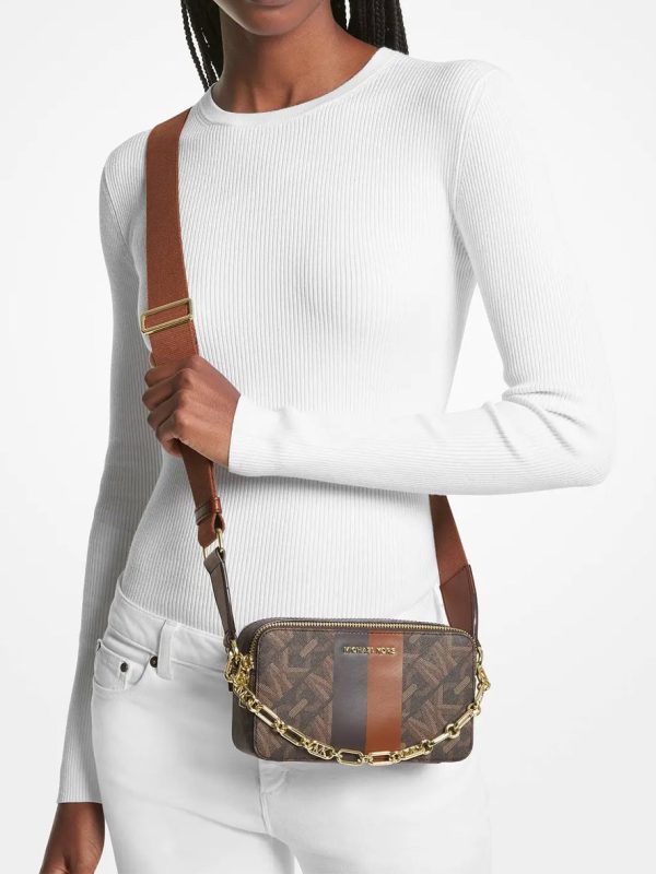 Michael Kors Jet Set Small Empire Signature Logo Stripe Double-Zip Camera Bag Brown Luggage