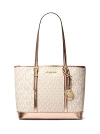 Michael Kors Jet Set Travel Small Metallic Logo Top-Zip Tote Bag Rose Gold