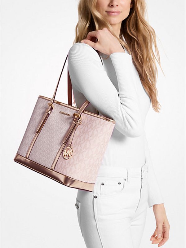Michael Kors Jet Set Travel Small Metallic Logo Top-Zip Tote Bag Rose Gold