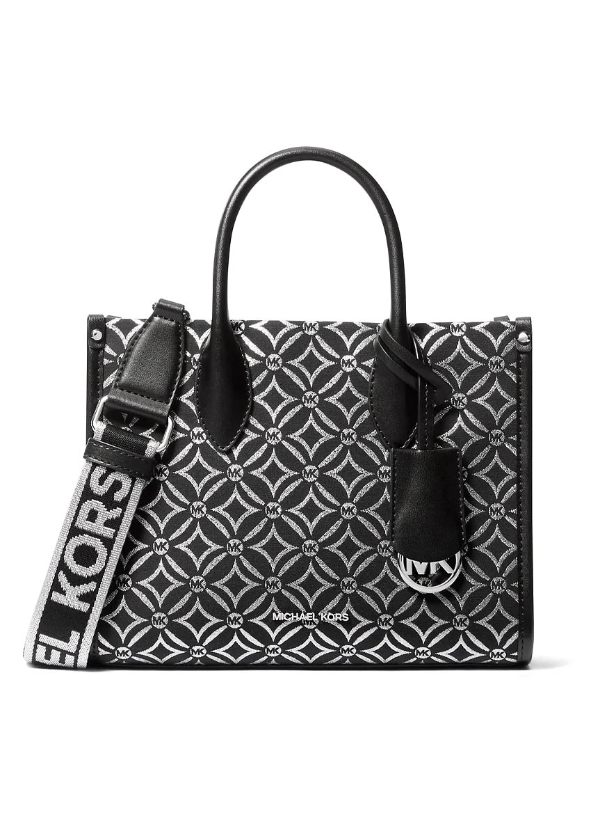 Michael Kors Mirella Small Metallic Logo Jacquard Crossbody Bag Black Silver