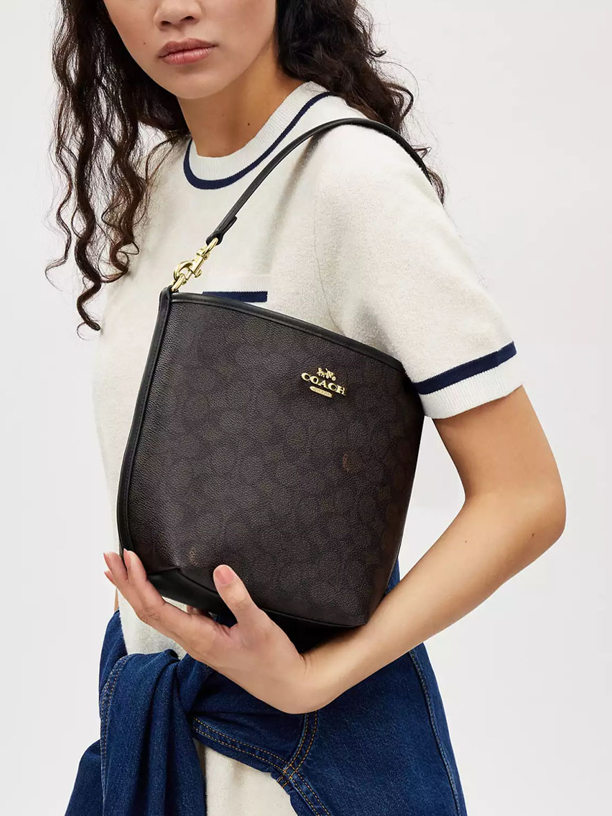 Coach City Bucket Bag In Signature Canvas Gold Walnut Black
