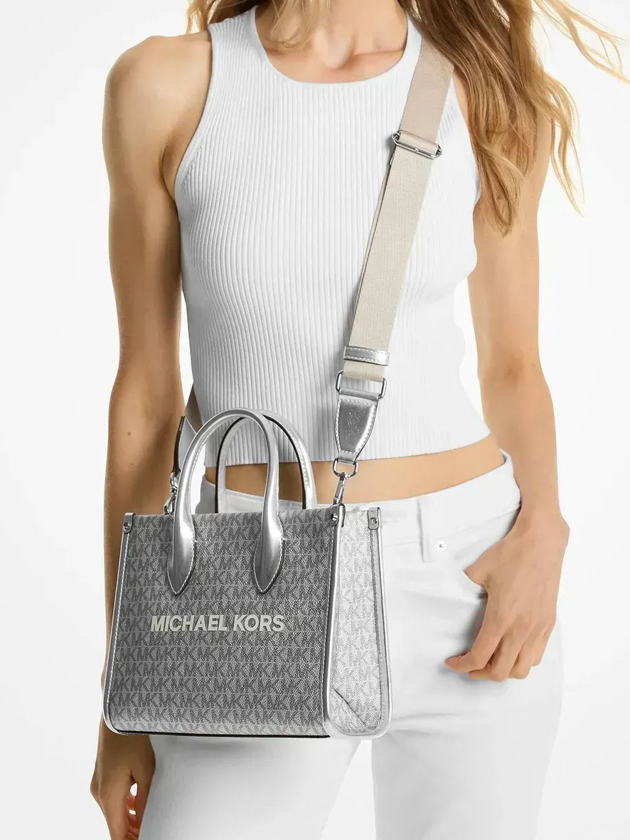 Michael Kors Mirella Small Metallic Signature Logo Crossbody Bag Silver
