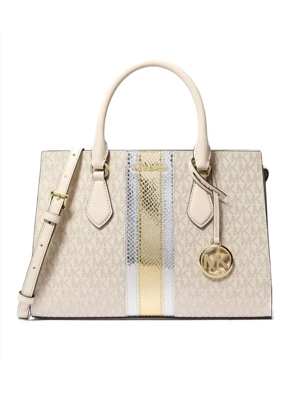 Michael Kors Sheila Medium Signature Logo and Metallic Satchel Pale Gold