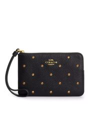 Coach Corner Zip Wristlet Pebble Leather with Crystal Rivets in Brass Black