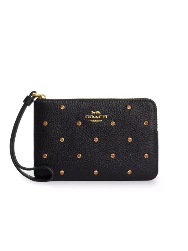 Coach Corner Zip Wristlet Pebble Leather with Crystal Rivets in Brass Black