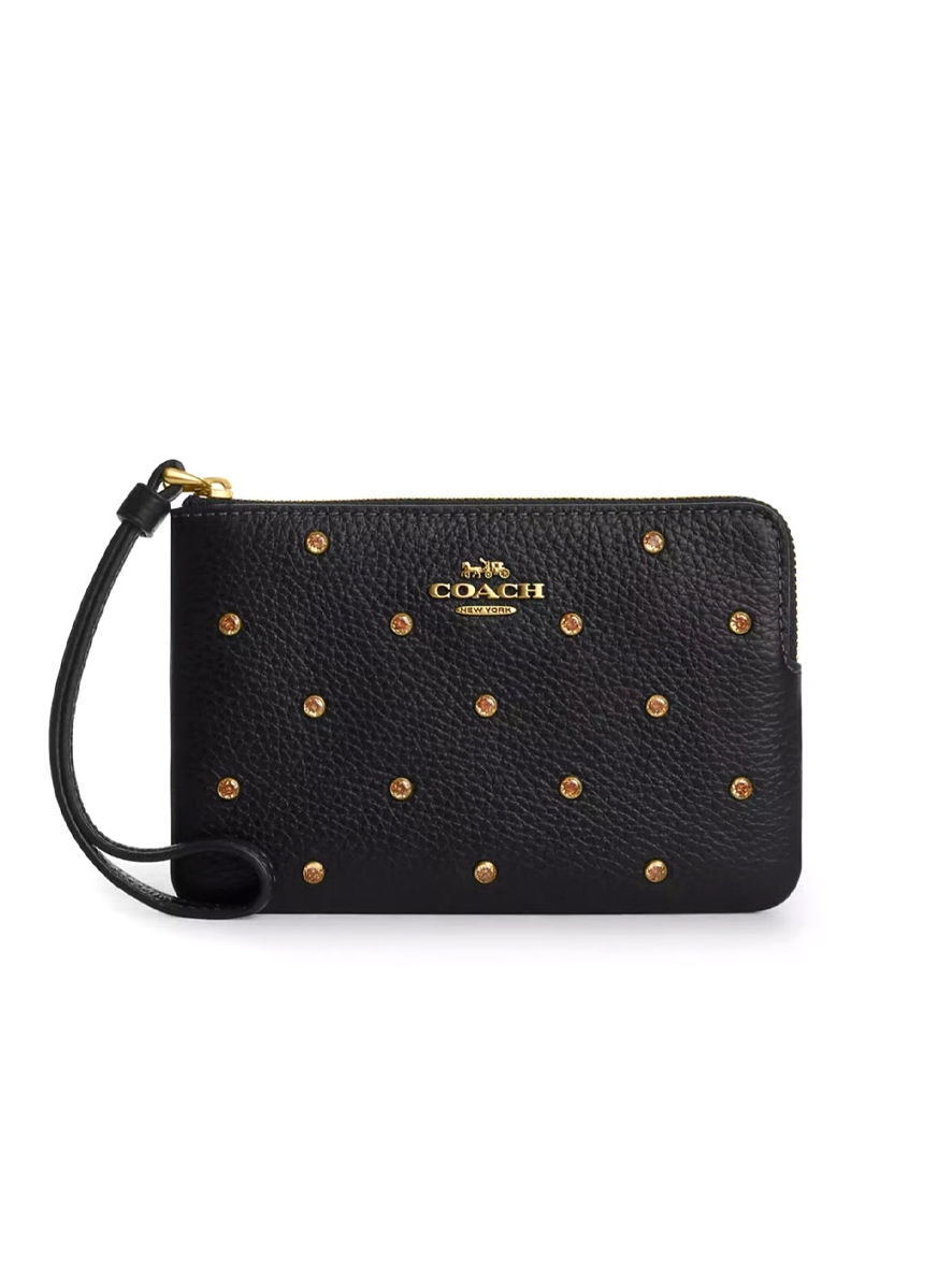 Coach Corner Zip Wristlet Pebble Leather with Crystal Rivets in Brass Black