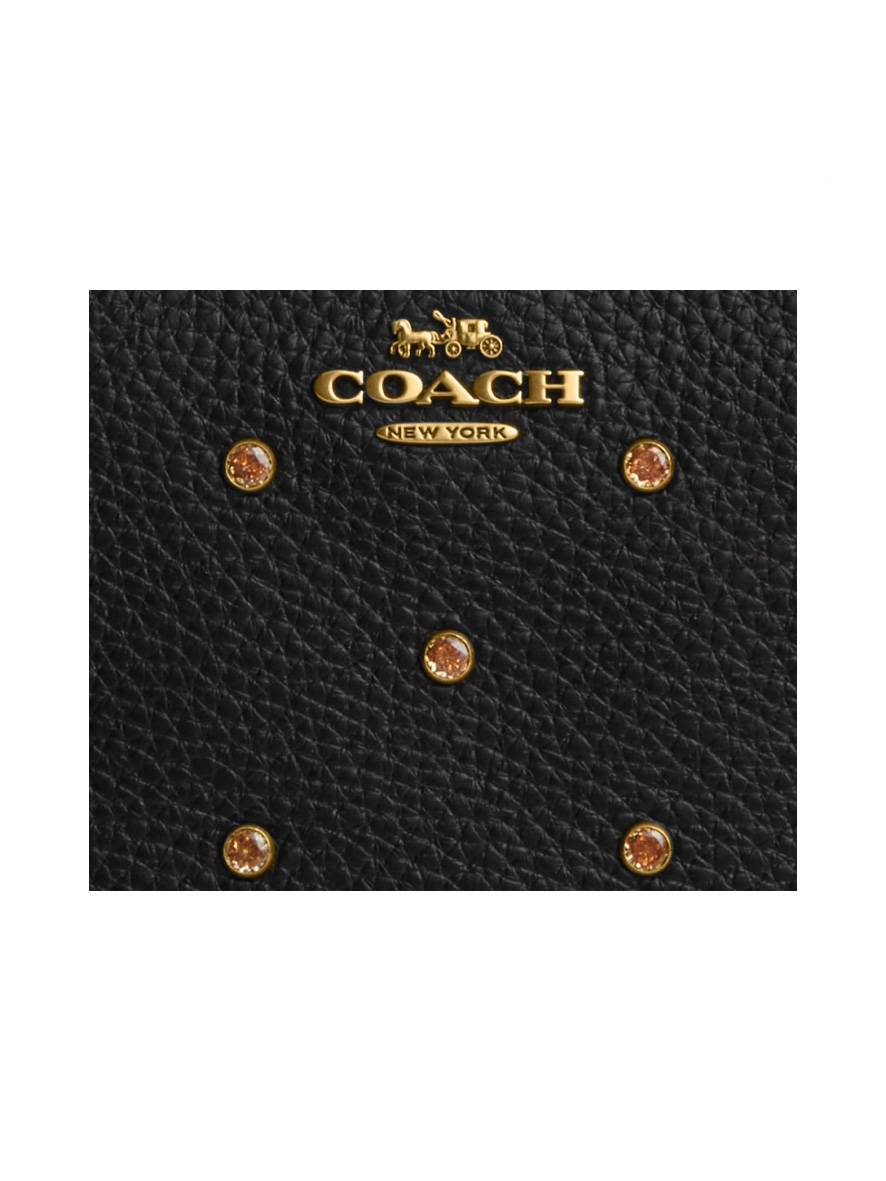 Coach Corner Zip Wristlet Pebble Leather with Crystal Rivets in Brass Black