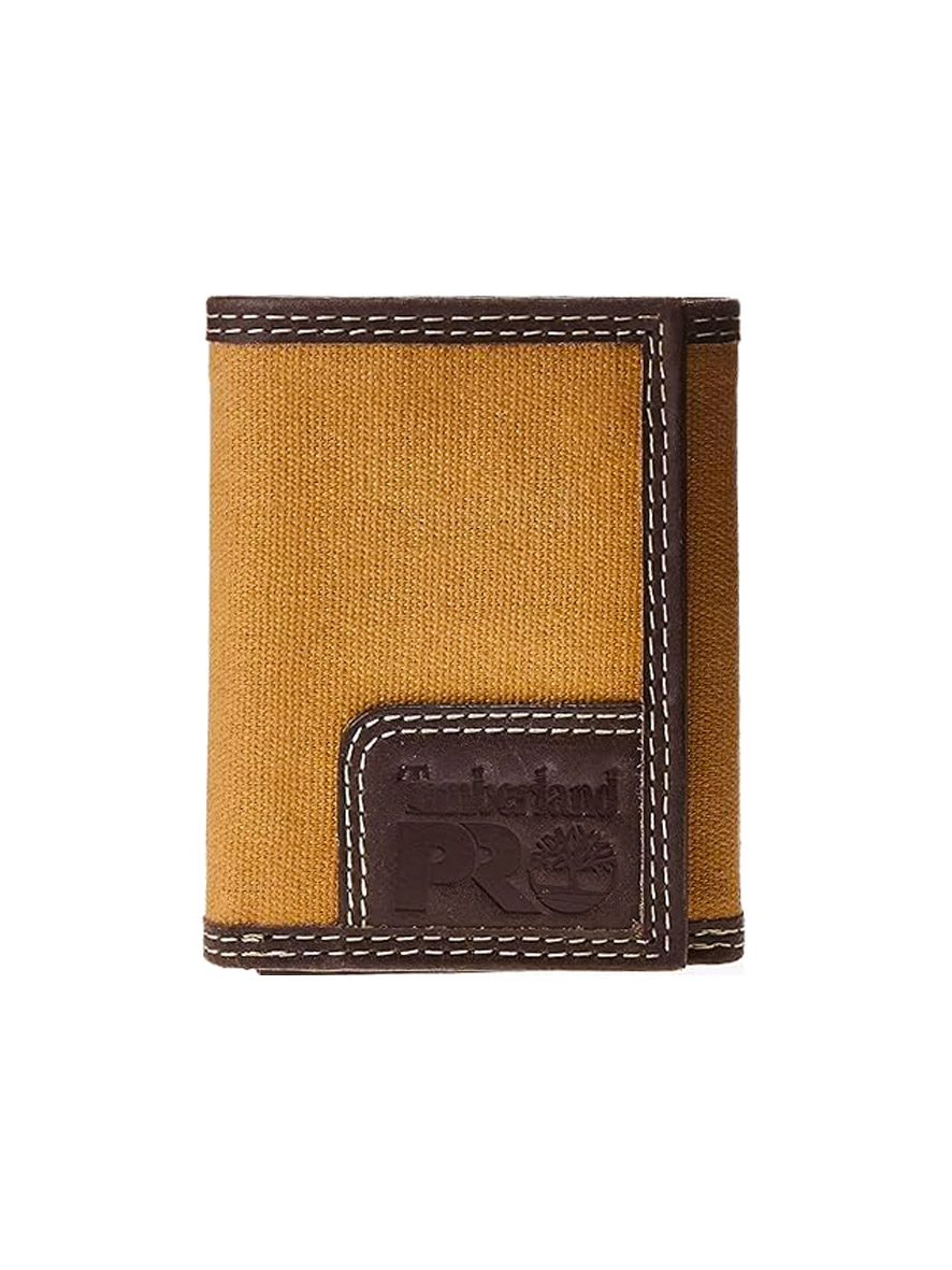 Timberland Pro Men's Genuine Leather and Canvas RFID Trifold Wallet Khaki