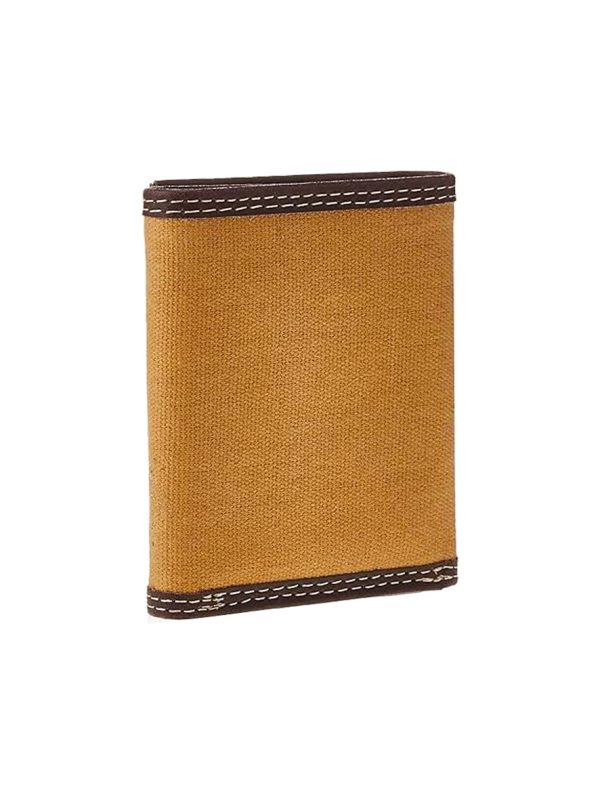 Timberland Pro Men's Genuine Leather and Canvas RFID Trifold Wallet Khaki
