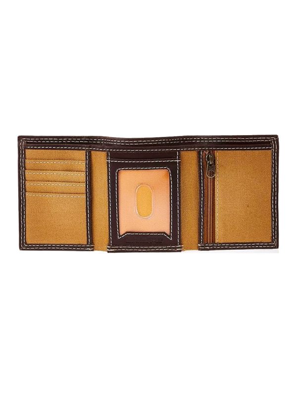 Timberland Pro Men's Genuine Leather and Canvas RFID Trifold Wallet Khaki