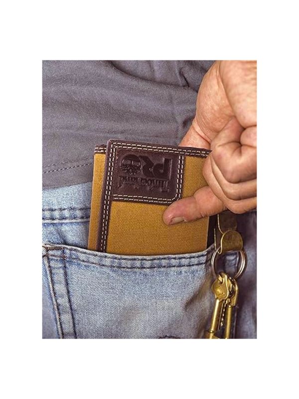 Timberland Pro Men's Genuine Leather and Canvas RFID Trifold Wallet Khaki