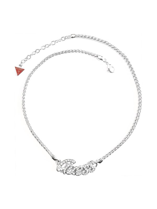 Guess Bold Crystal "Guess" Paved Necklace Silver