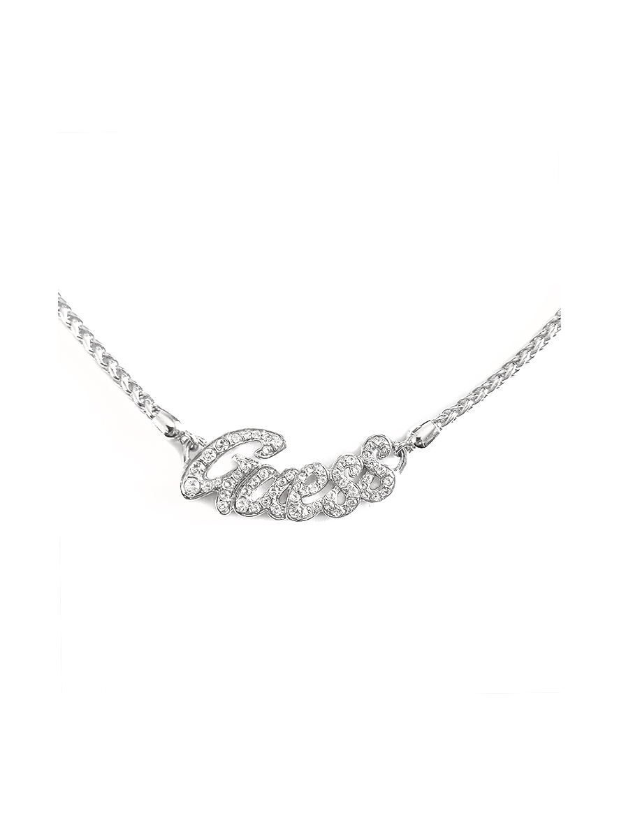 Guess Bold Crystal "Guess" Paved Necklace Silver