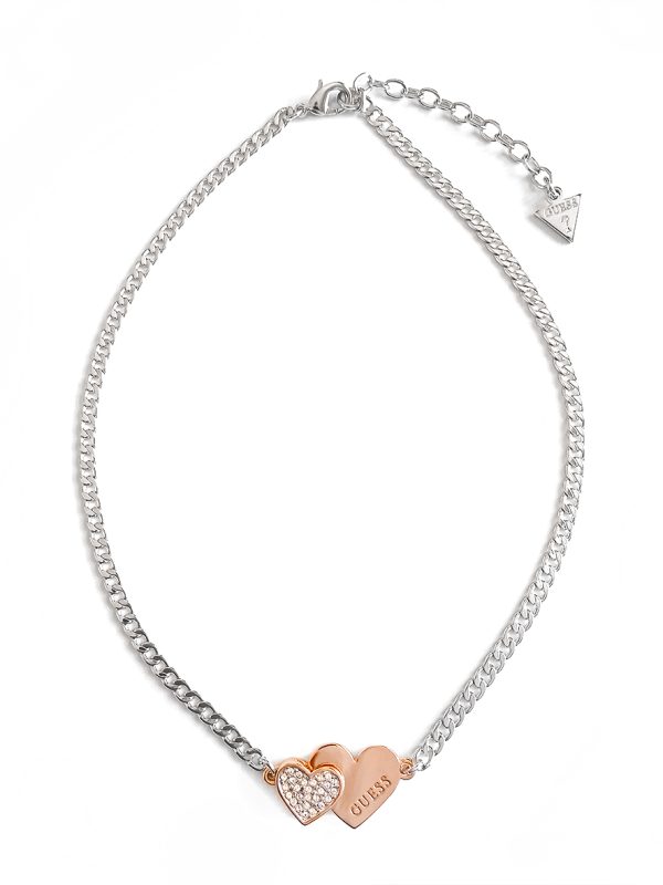 Guess You And Me Double Heart Necklace Silver Rose Gold