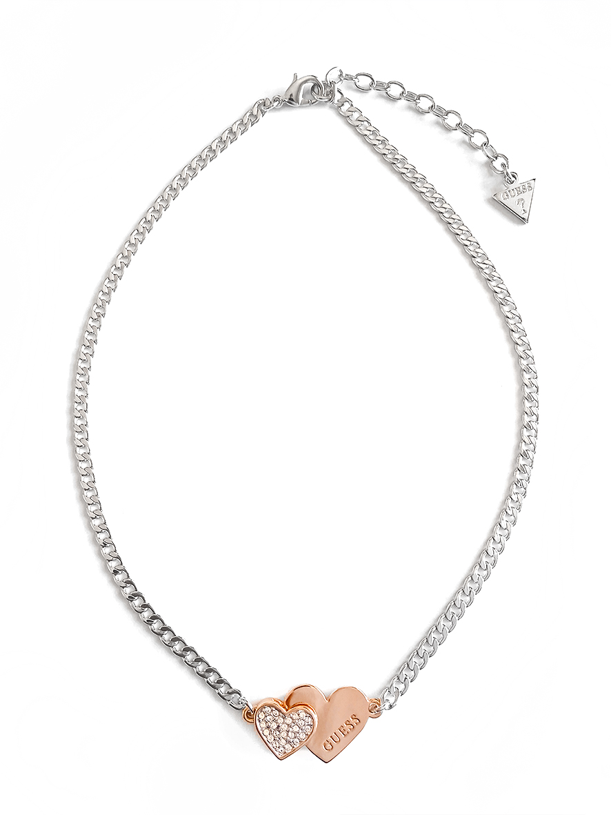 Guess You And Me Double Heart Necklace Silver Rose Gold