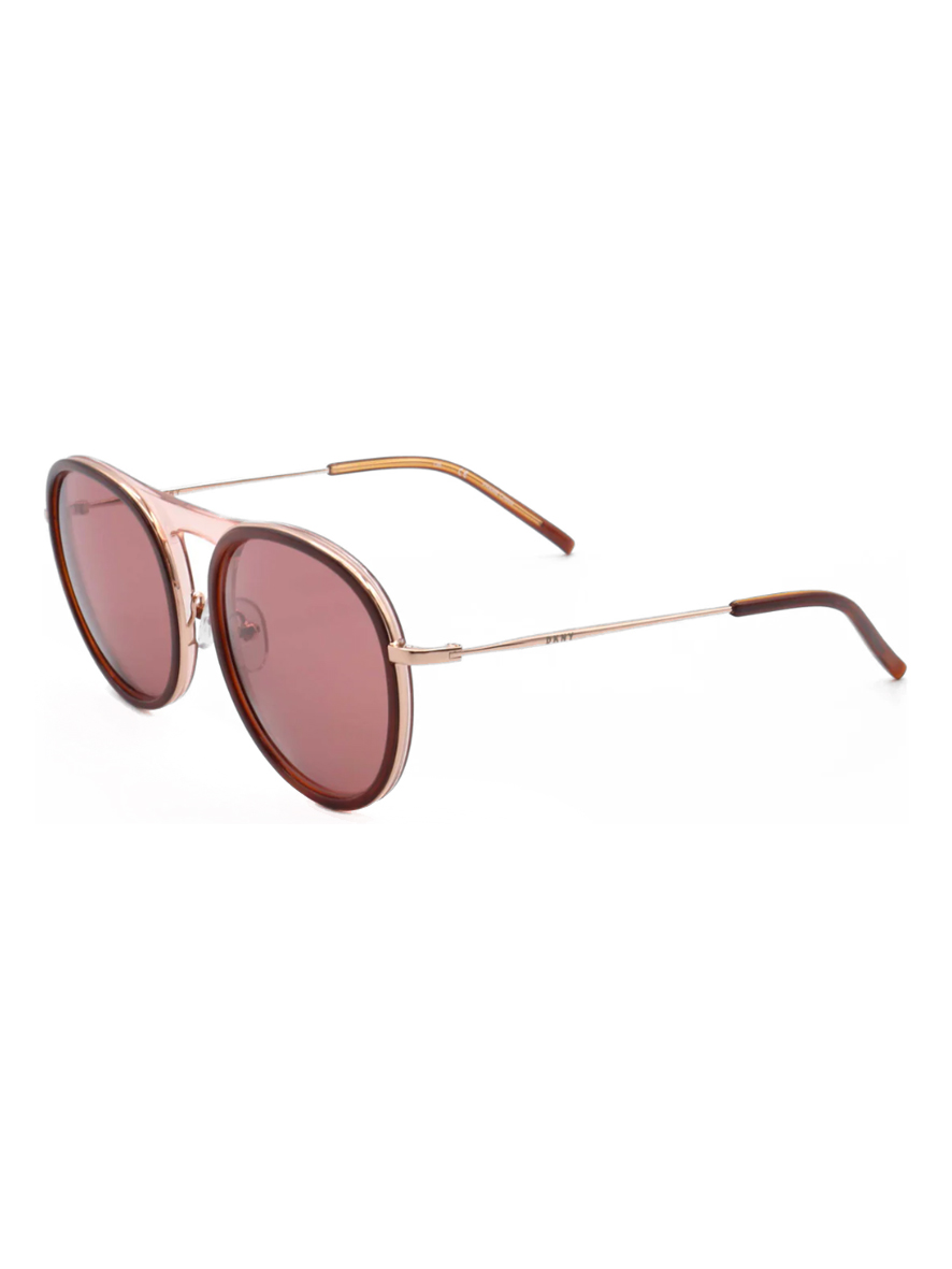 DKNY Women's Round Pilot Sunglasses Amber Tortoise Frame Dark Pink Lens