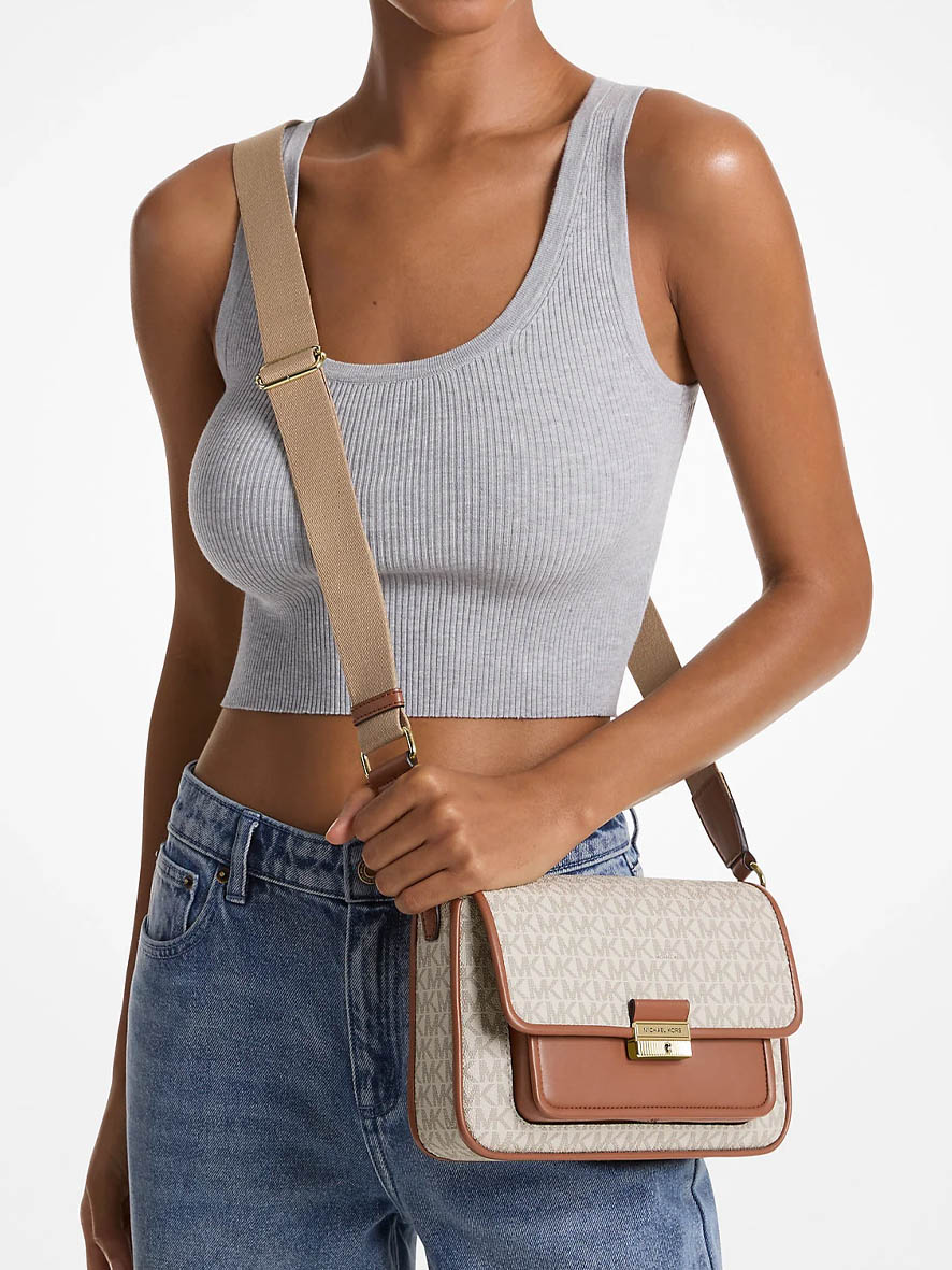 Michael Kors Bradshaw Medium Signature Logo Messenger Bag Vanilla