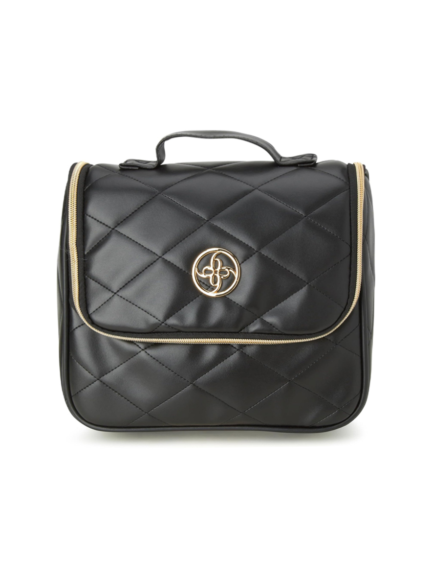 Nine West Cosmetics Organizer Travel Bag with Hanging Hook Black Quilt Gold Trim