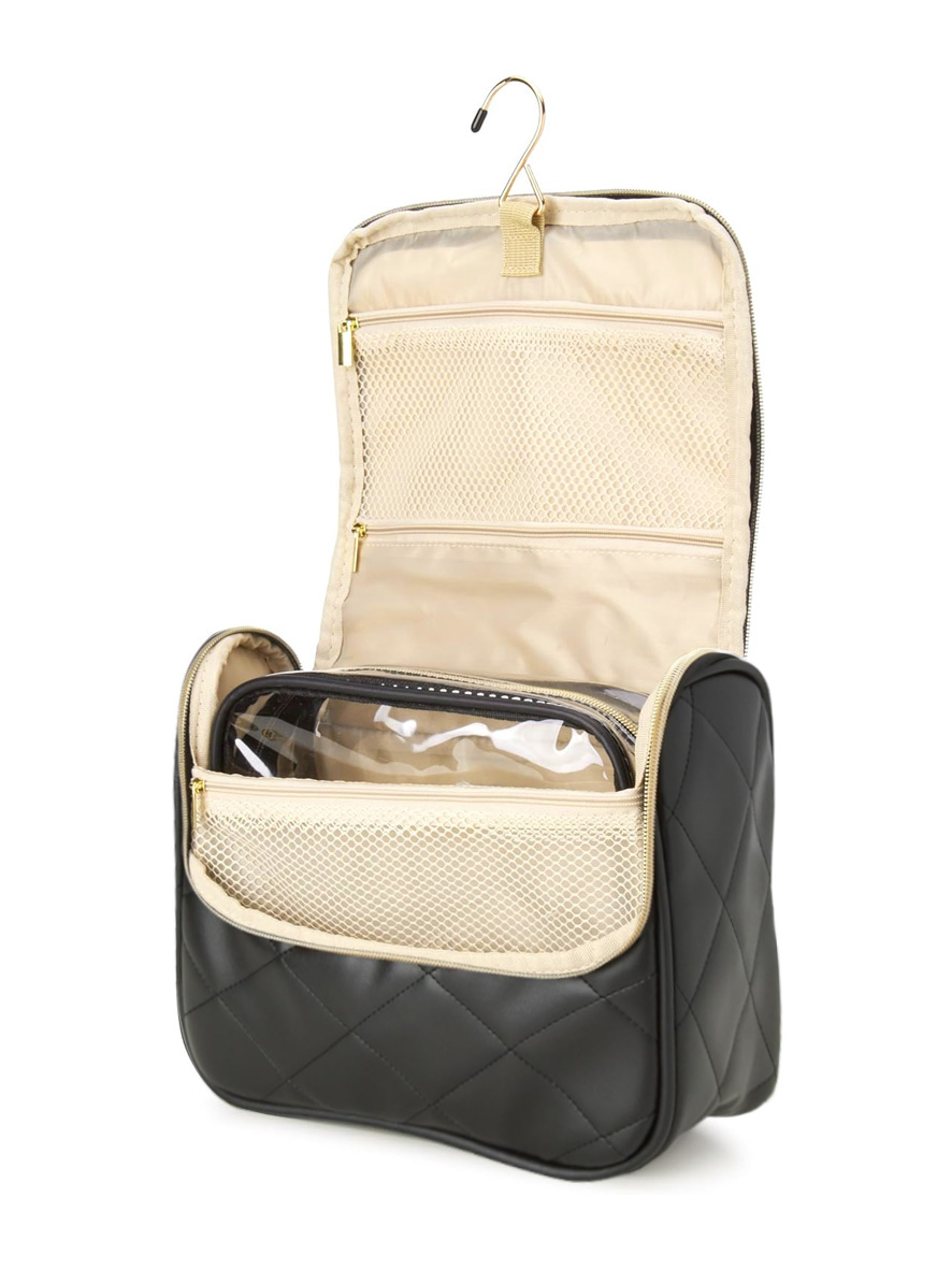 Nine West Cosmetics Organizer Travel Bag with Hanging Hook Black Quilt Gold Trim
