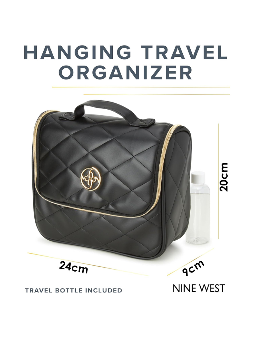 Nine West Cosmetics Organizer Travel Bag with Hanging Hook Black Quilt Gold Trim