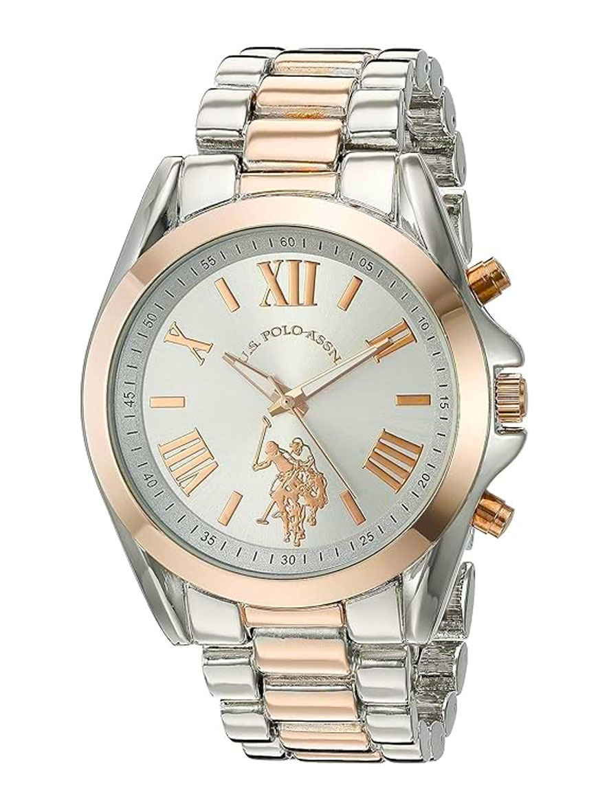U.S. Polo Assn. Unisex Two-toned Silver and Rose Gold Chronograph Style Bracelet Watch with Roman Numerals
