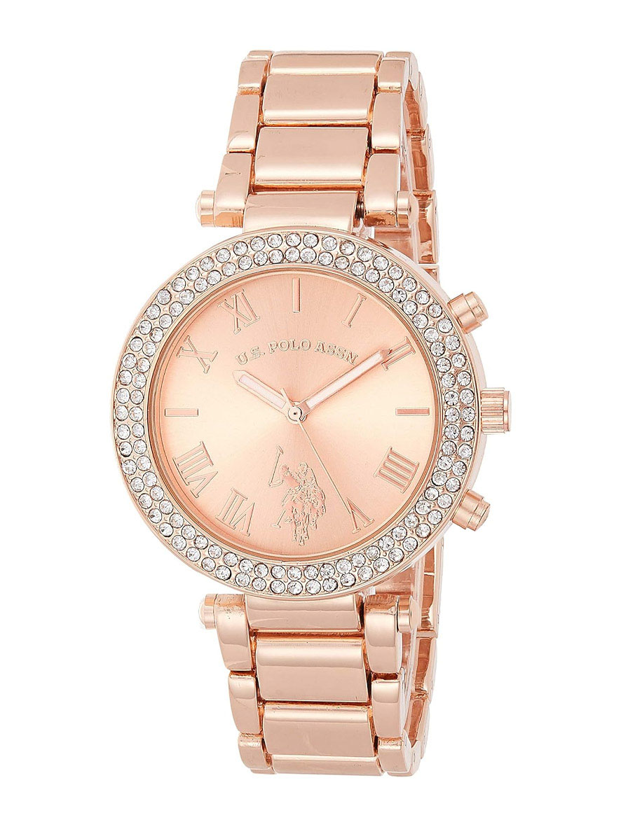 U.S. Polo Assn. Women's Quartz Rose Gold Bracelet Dress Watch with Faced Bezel