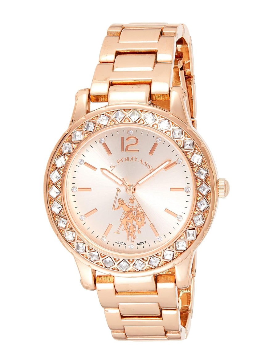 U.S. Polo Assn. Women's Rose Gold Bracelet Watch with Crystal Bezel
