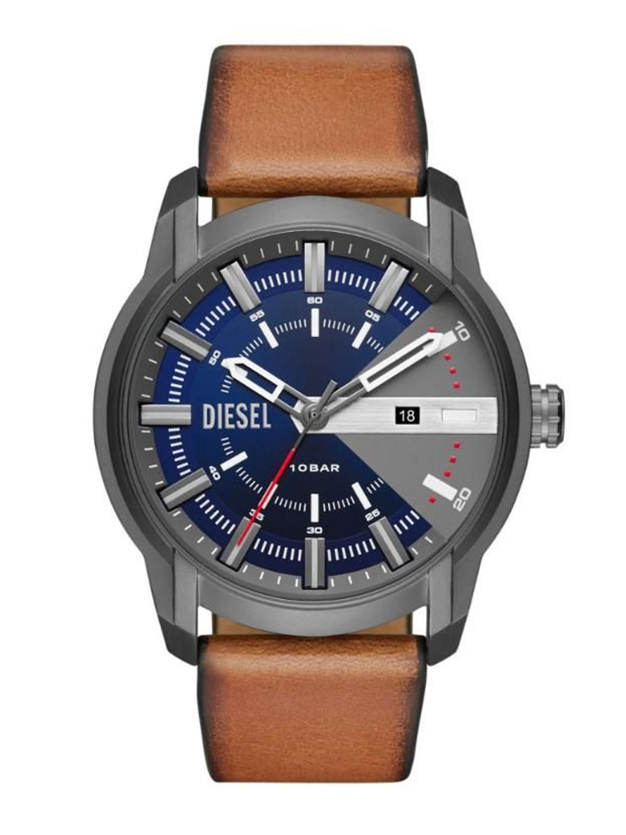 Diesel Men's Armbar Three Hand Date Gunmetal Tone Stainless Steel Watch with Blue Dial