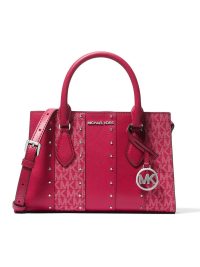 Michael Kors Sheila Small Studded Patchwork and Signature Logo Satchel Dark Raspberry Multi