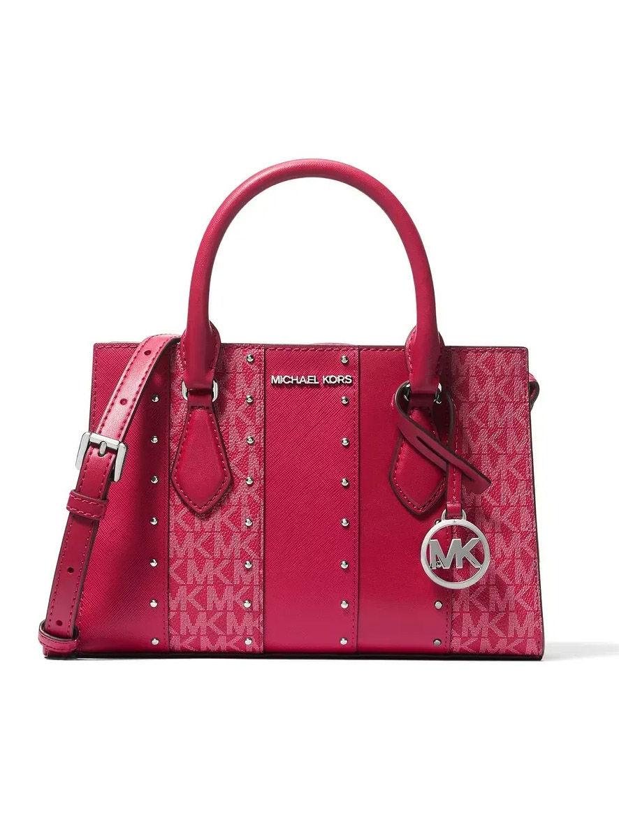 Michael Kors Sheila Small Studded Patchwork and Signature Logo Satchel Dark Raspberry Multi