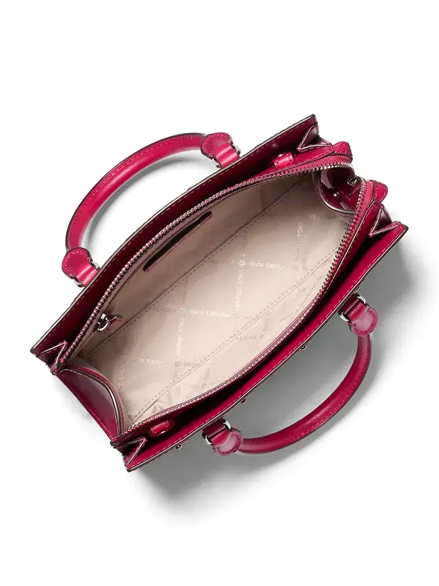 Michael Kors Sheila Small Studded Patchwork and Signature Logo Satchel Dark Raspberry Multi