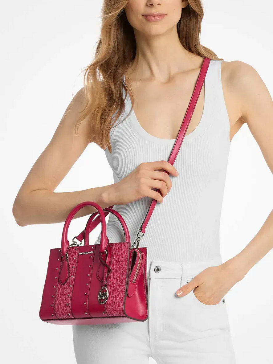 Michael Kors Sheila Small Studded Patchwork and Signature Logo Satchel Dark Raspberry Multi
