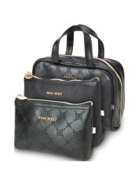 Nine West Makeup Bag Cosmetic Organizer Weekender Lattice Pattern Faux Leather Black