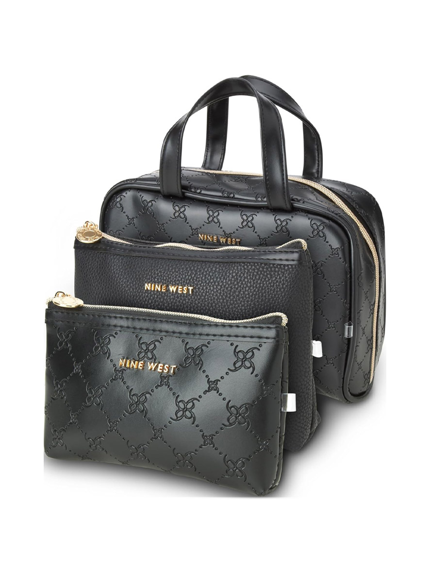 Nine West Makeup Bag Cosmetic Organizer Weekender Lattice Pattern Faux Leather Black