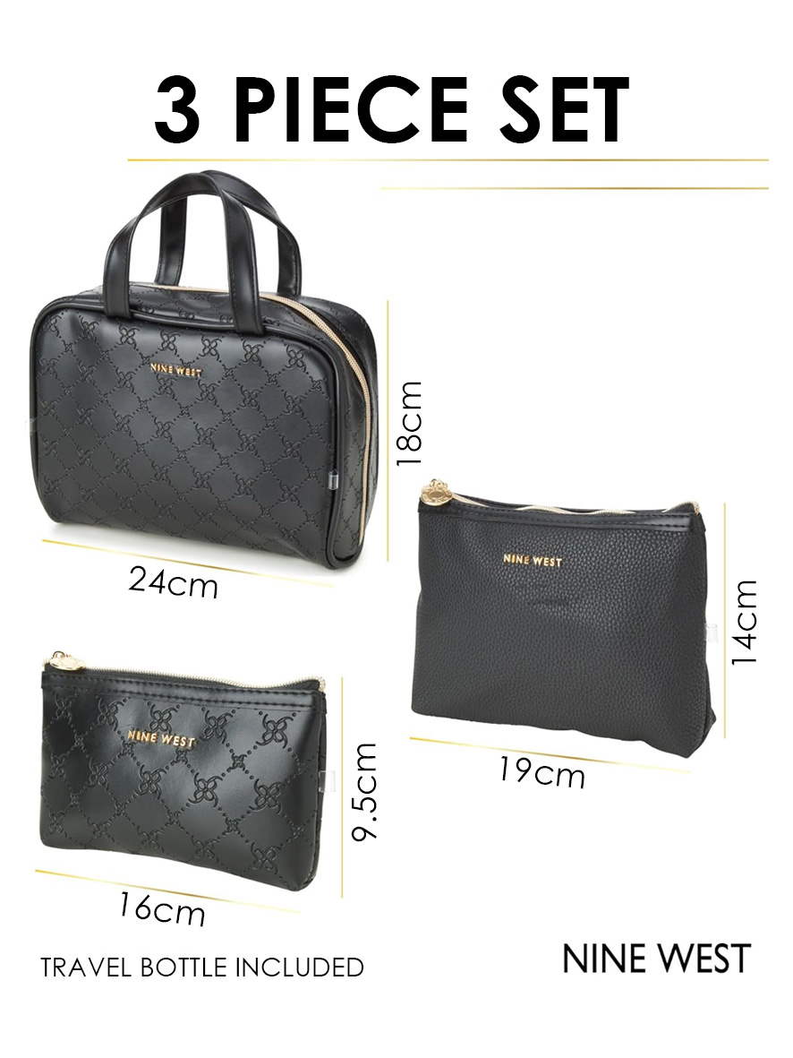 Nine West Makeup Bag Cosmetic Organizer Weekender Lattice Pattern Faux Leather Black