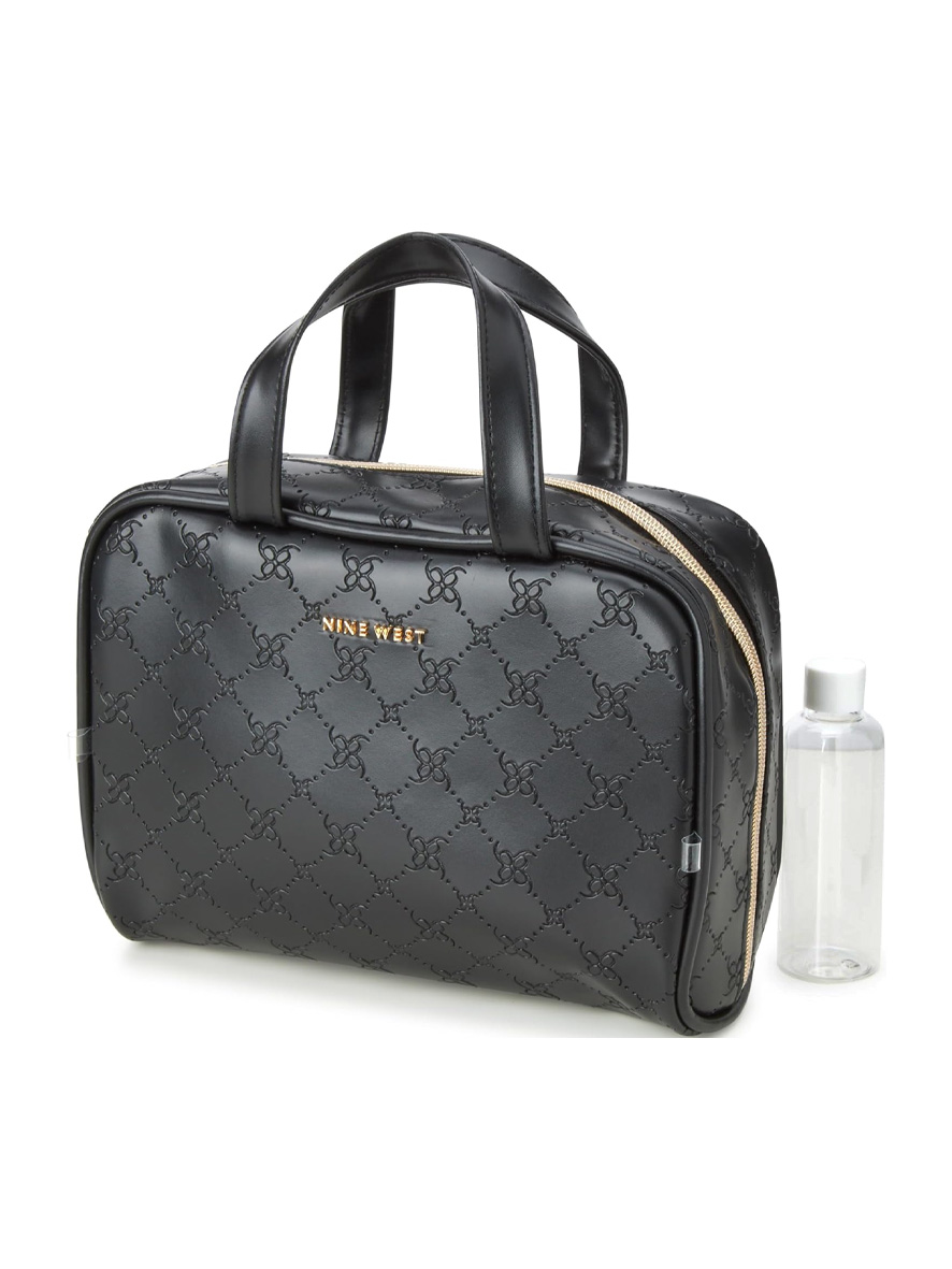 Nine West Makeup Bag Cosmetic Organizer Weekender Lattice Pattern Faux Leather Black