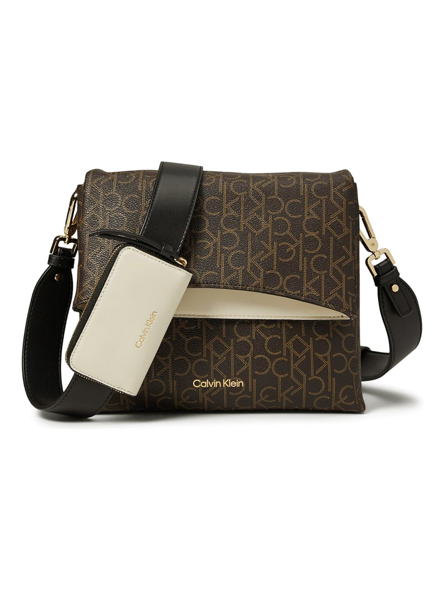 Calvin Klein Chrome Signature Messenger Bag Brown Khaki Black White