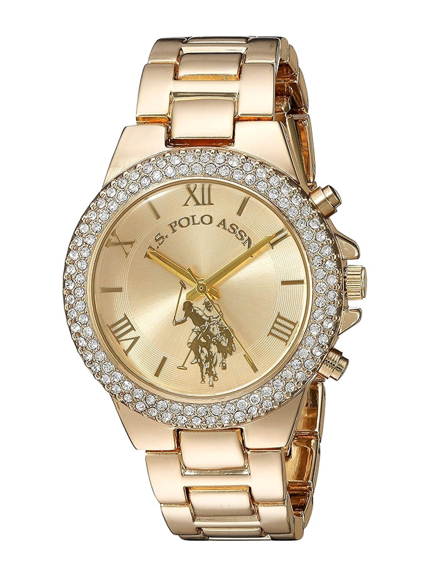 U.S. Polo Assn. Women's Analog Watch – Gold-Tone Dial with Crystal-Embellished Bezel and Stainless Steel Bracelet