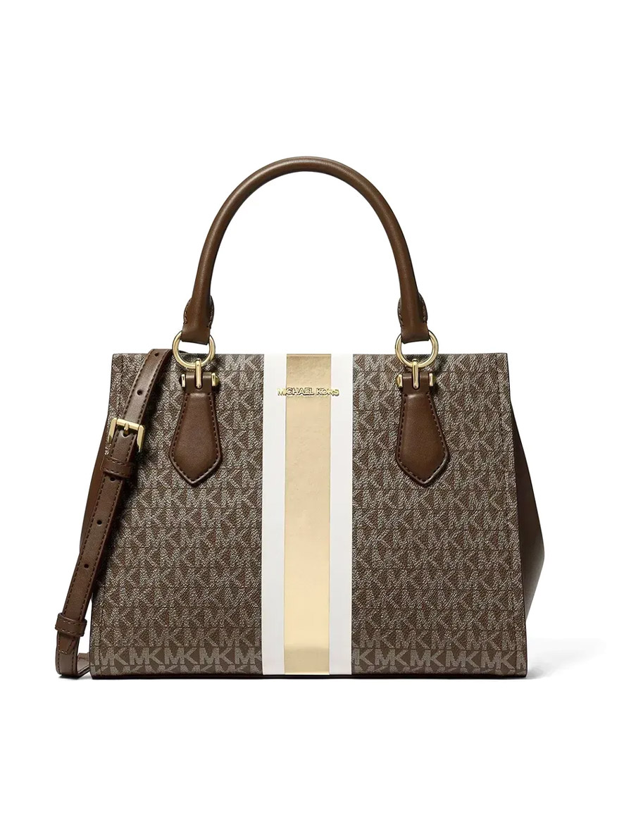 Michael Kors Marilyn Medium Logo Stripe Satchel Brown