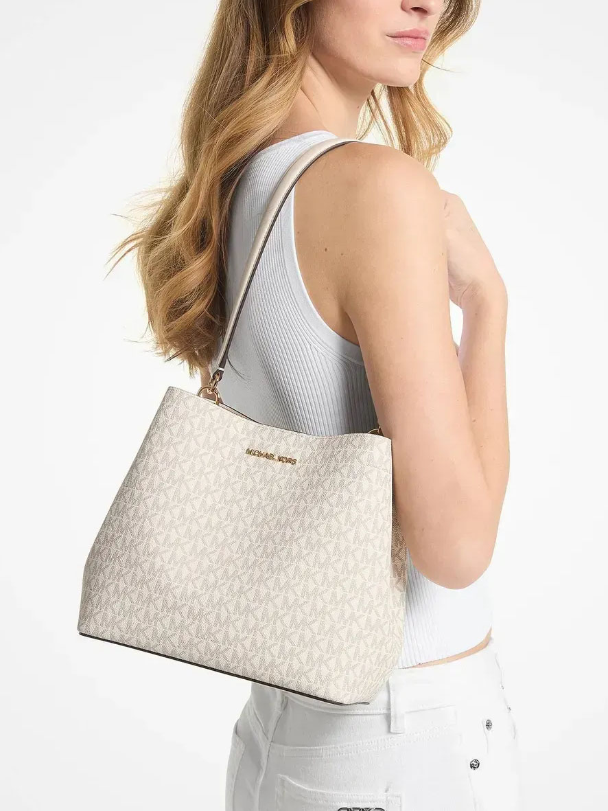 Michael Kors Pratt Medium Signature Logo Shoulder Bag Light Cream Multi